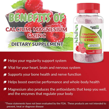 Health Supplied Calcium Magnesium & Zinc + Vitamin D Gummies 2 Pack | Bone Health Energy and Muscle Function | Fruity Raspberry Flavor