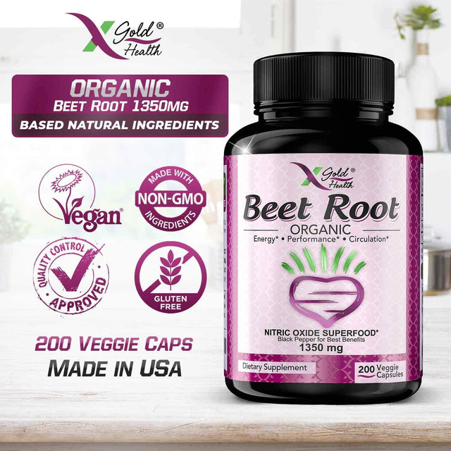 Organic Beet Root Powder 1350Mg 200 Veggie Caps Superfood Nitric Oxide Strongest Premium Supplement Natural Nitrates W/Black Pepper for Best Benefits - Vegan, Non-Gmo, & Gluten-Free Made in USA