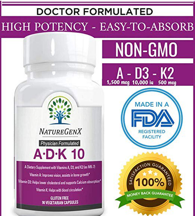 Naturegenx Bone Health 10000 IU ADK 10 Supplement with Vitamin a Vitamin D3 + Vitamin K2 as MK7, 90 Count