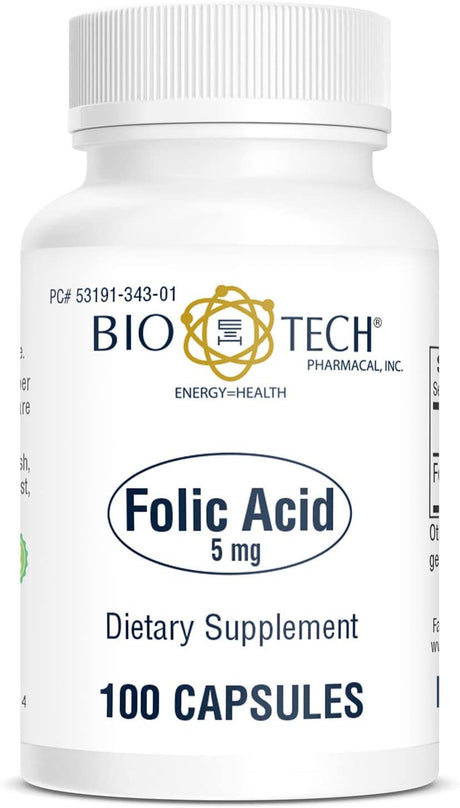 Bio-Tech Pharmacal Folic Acid (5 Mg), 100 Capsules – All-Natural Supplement – Supports Cardiovascular, Nervous System, & Prenatal Health – No Dairy, Fish, Gluten, Peanut, Shellfish, Gmos, Halal, & Soy