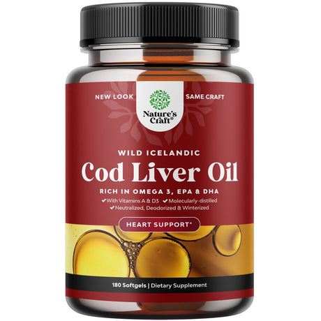 Icelandic Cod Liver Oil Softgels - Wild Caught EPA DHA Omega 3 Fish Oil 1000Mg per Serving - Sustainably Sourced Burpless Supplement with Vitamin D3 and a for Heart Joint Brain and Immune Support