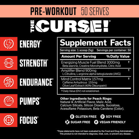 JNX SPORTS the Curse! Pre Workout Powder - Peach Rings 50 Servings | Preworkout: Boost Strength, Energy + Focus for Men & Women | Caffeine, Beta-Alanine, Creatine & L-Citrulline