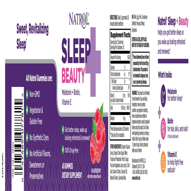 Natrol Sleep+ Beauty Gummies, Skin, Hair, Nails Support, Raspberry, 60 Count