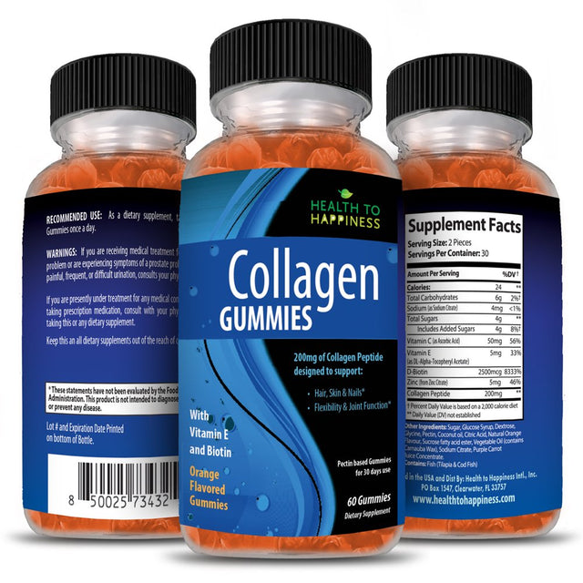 Collagen Gummies Orange Flavor with Biotin, Zinc & Vitamins - Hair Growth, Skin Care & Strong Nails