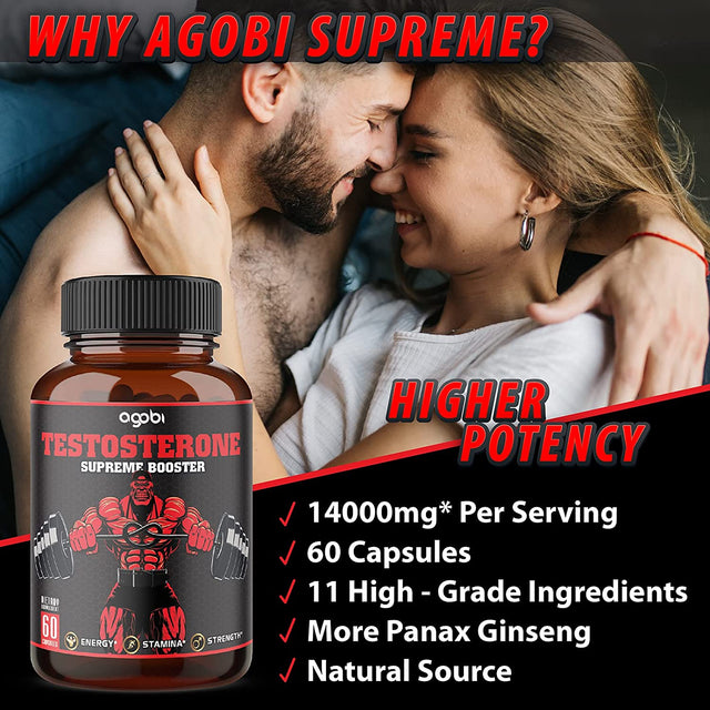 Agobi Testosterone Supplement for Men - 11 Potent Herbs Equivalent to 14000Mg - Ashwagandha, Tribulus, Ginseng & More - 60 Capsules for 1 Month