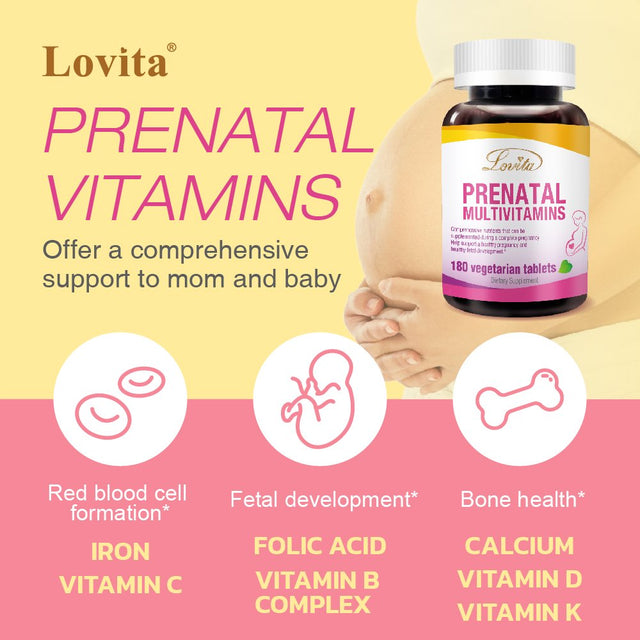 Lovita Prenatal Vitamin with Folic Acid 800Mcg, Iron 27Mg (Iron Bisglycinate) & Calcium, Prenatal Multivitamin to Support New Born Baby Development and Mom, 180 Vegetarian Tablets