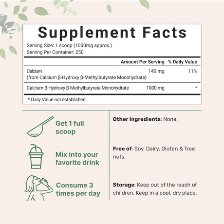 Micro Ingredients Pure HMB Powder, 250 Grams, Powerfully Supports Muscle Stamina, Endurance and Strength, No Gmos and Vegan Friendly