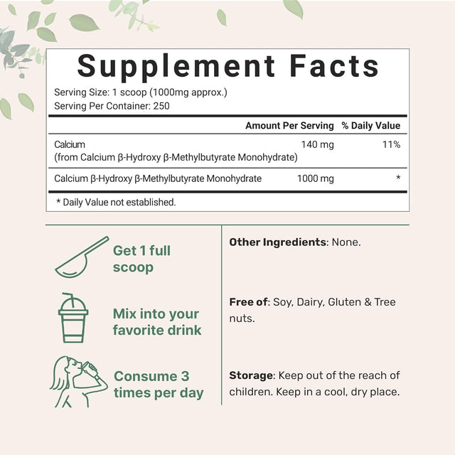 Micro Ingredients Pure HMB Powder, 250 Grams, Powerfully Supports Muscle Stamina, Endurance and Strength, No Gmos and Vegan Friendly