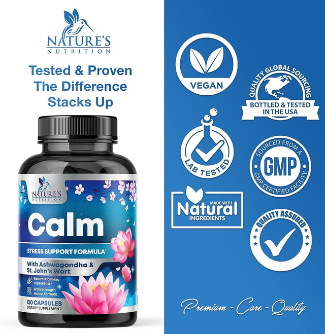 Nature'S Nutrition Calm & Stress Support Supplement - with Magnesium, Ashwagandha, 5-HTP, L-Theanine, GABA - Natural Stress & Immune Support to Relax, Focus, Unwind - Vegan & Non-Gmo - 120 Capsules