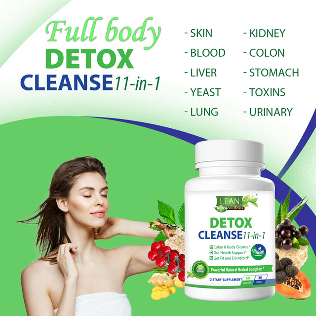 Detox Cleanse, 11-In-1 Vegan Full Body Cleaner, Super Colon Cleanse Gut Health Support with Psyllium Husk Powder Aloe Ginger Root Fiber Supplement, 30 Day Toxin Rid off Pills for Men Women 60 Capsules