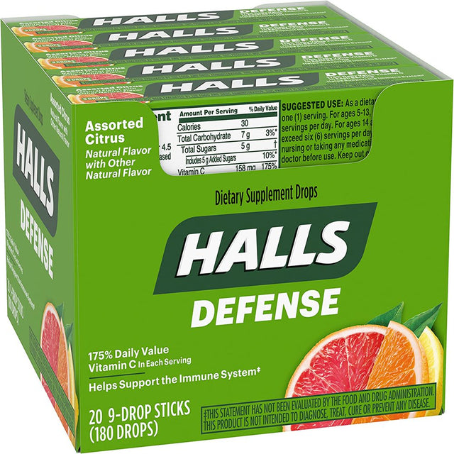 HALLS Defense Vitamin C Assorted Citrus Cough Drops,20 Packs of 9 Drops (180 Total Drops)