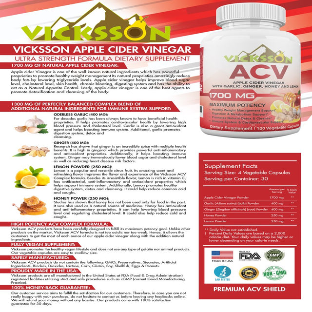 Vicksson Apple Cider Vinegar Pills 1700 Mg of ACV Capsules or Pills with Garlic, Ginger, Lemon & Honey for Weight, Detox, Cleanse, Appetite, Blood Sugar, Bloating, Metabolism & Immune Support | 120