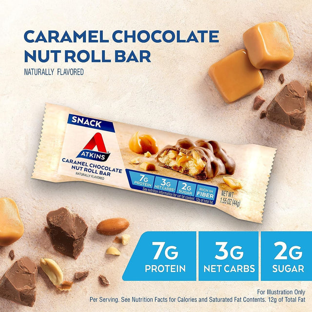 Atkins Caramel Chocolate Nut Roll Snack Bar, Protein Snack, High in Fiber, 2G Sugar, 30 Count