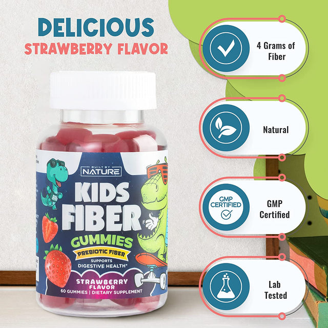 Kids Fiber Gummies, Daily Chicory Root Fiber Supplement, Plant Based, Non-Gmo, for Digestive and Intestinal Gut Health, Low Sugar Prebiotic Fiber Gummy for Children, Strawberry Flavored, 60 Gummies