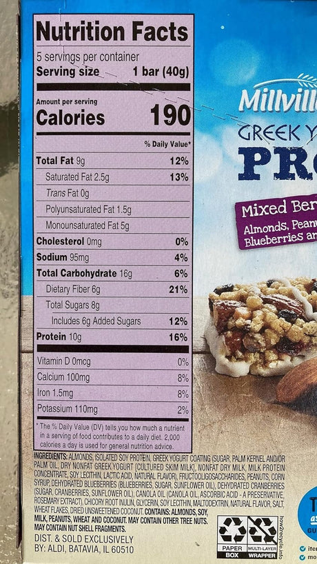 Millville Greek Yogurt Naturally Flavored Mixed Berry with Almonds, Cranberries, Blueberries, Peanuts Protein Chewy Bars - 10 Ct.