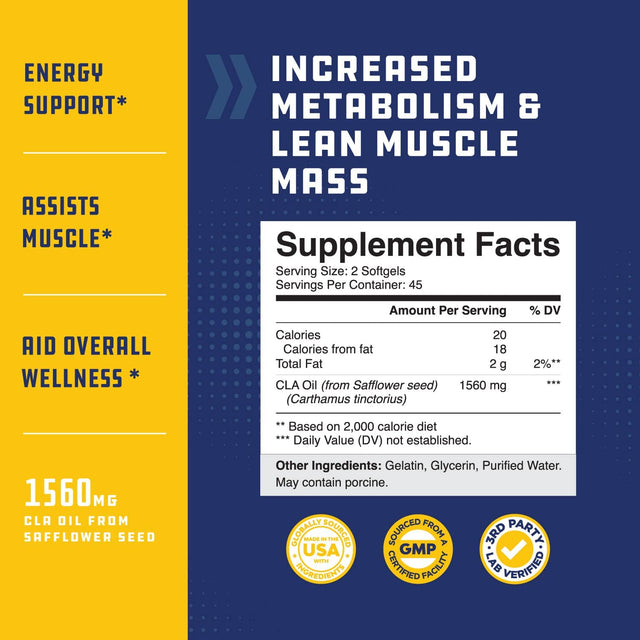 Conjugated Linoleic Acid CLA Supplement - CLA Safflower Oil Lean Muscle Mass Pre Workout Supplement for Men and Women for Natural Muscle Builder - 1560Mg per Serving CLA Supplements