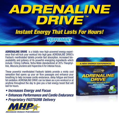 MHP Adrenaline Drive Instant Energizing Mints, Pre-Workout, Enhanced Mental Focus, Sugar Free, W/150Mg Caffeine, Peppermint, 30 Tablets