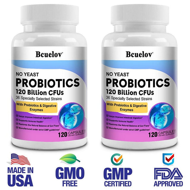 Bcuelov Probiotics 120 Billion CFU - 36 Strains with Prebiotics & Digestive Enzymes, Gut Digestive & Immune Support