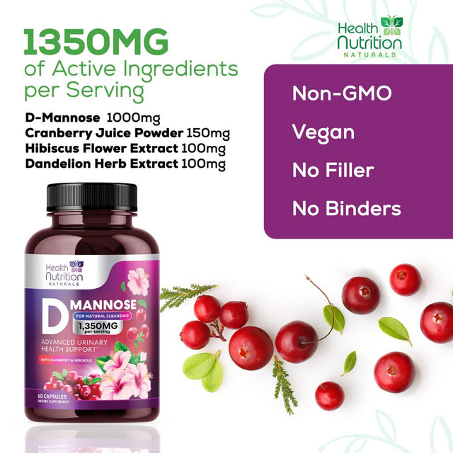 D-Mannose & Cranberry Extract 1350Mg, Fast-Acting to Support Natural Urinary Tract Health for Women & Men, Non-Gmo & Vegan, Flush Impurities in Urinary Tract & Bladder - 60 Capsules