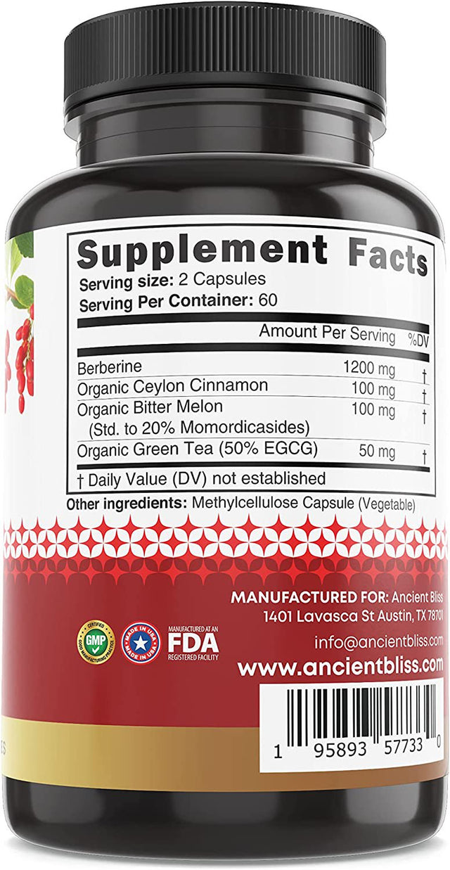 Ancient Bliss Berberine HCL 1200Mg with Ceylon Cinnamon, Bitter Melon, Green Tea Extract - 120 Capsules - Supports Immune System & Metabolism