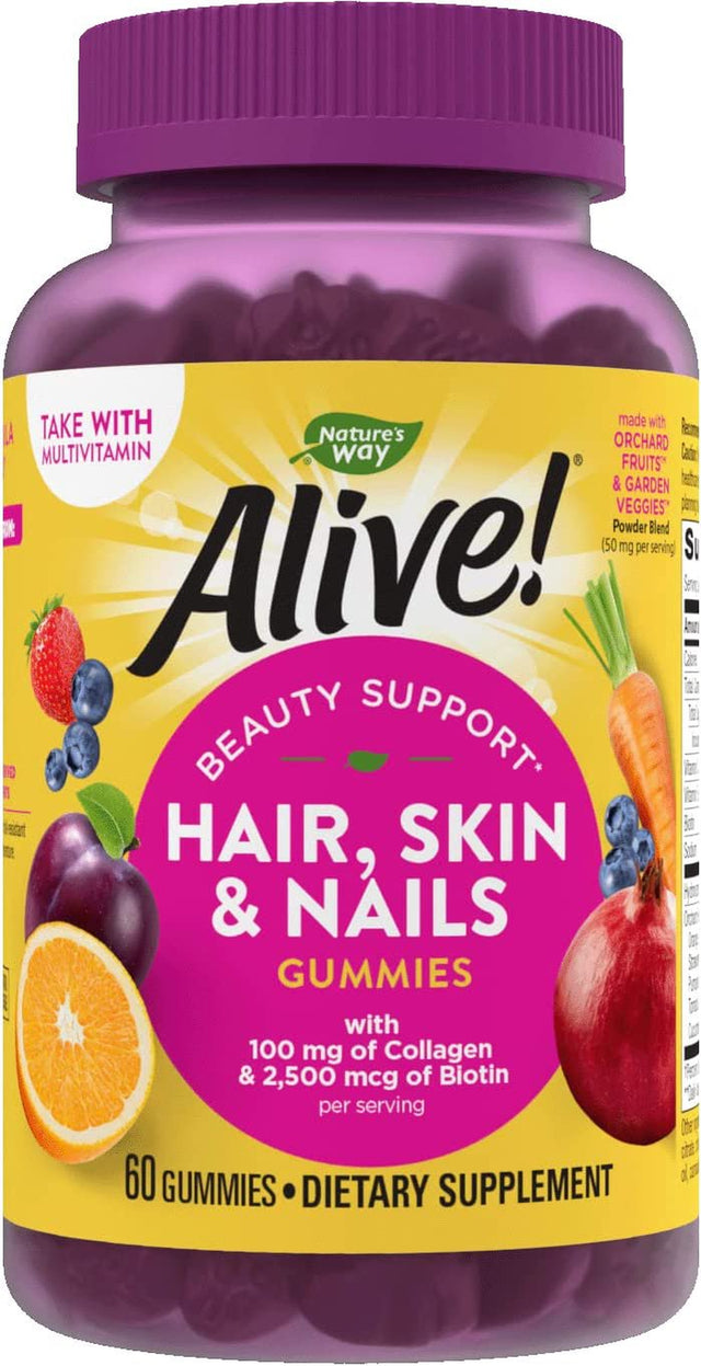 Nature'S Way Alive! Hair, Skin & Nails Gummies, with Biotin and Collagen, Beauty Support*, 60 Strawberry Flavored Gummies