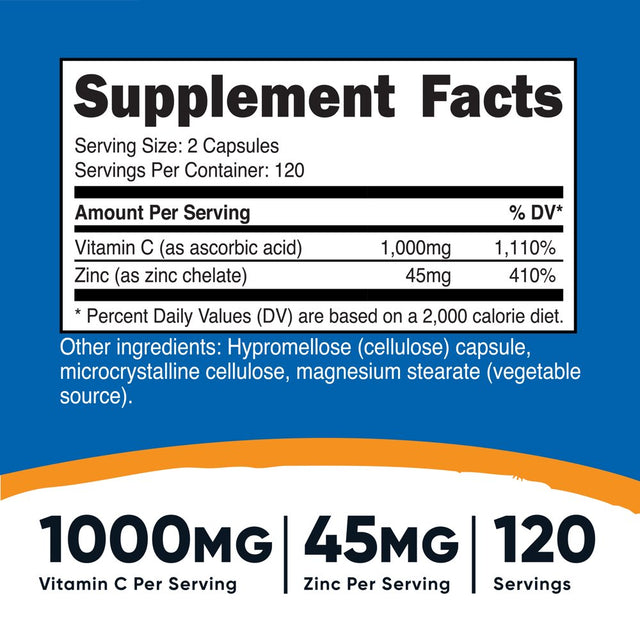 Nutricost Vitamin C with Zinc, 120 Servings - Non-Gmo, Gluten Free Supplement