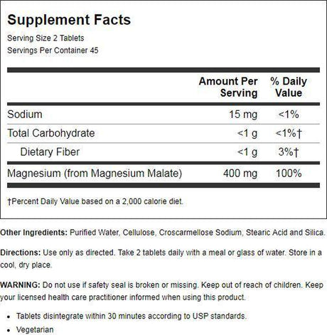 KAL Magnesium Malate 400Mg, Chelated Magnesium Supplement with Malic Acid, Healthy Energy & Muscle Function Support, Enhanced Absorption, Vegan, 60-Day Money Back Guarantee, 45 Servings, 90 Veg Tabs