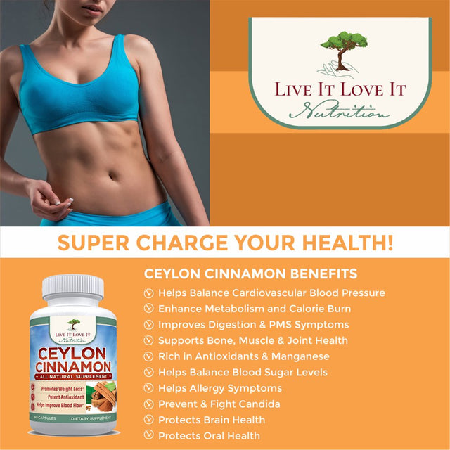 Live It Love It Organic Ceylon Cinnamon 1200Mg All Natural Supplement Non-Gmo & Gluten Free(60 Caps)