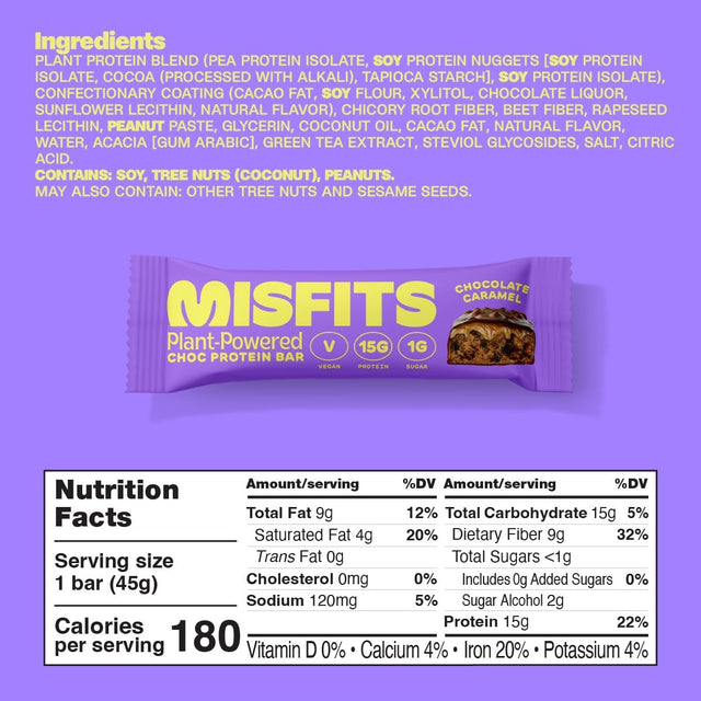 Misfits Vegan Protein Bar, Variety Pack, Plant Based Chocolate High Protein Snacks with 15G per Bar, Low Sugar, Low Carb, Gluten Free, Dairy Free, High Fiber, Non GMO, 4 Flavor 12 Pack