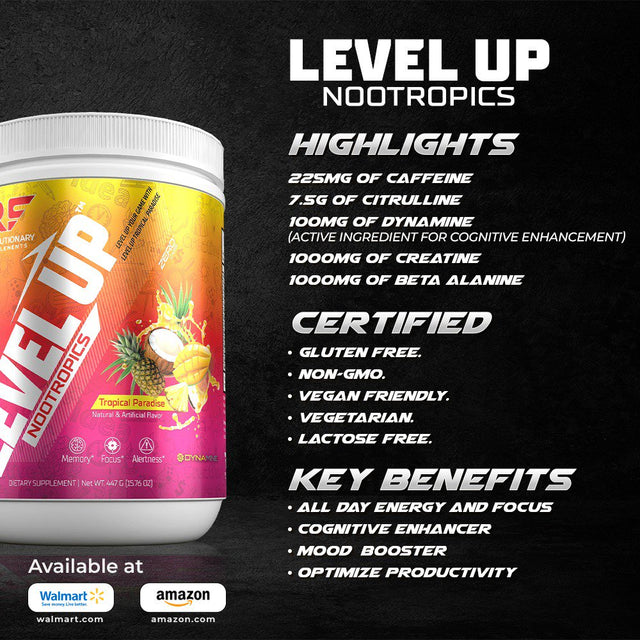 Revsupps Level up Nootropic Pre Workout Supplement, Brain-Boosting Enhanced Focus Support Formula