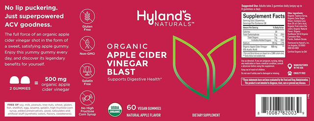 Hyland'S Organic Apple Cider Vinegar Gummy Vitamins, Digestive Health Support, 60 Vegan ACV Gummies (2 Pack) Naturals