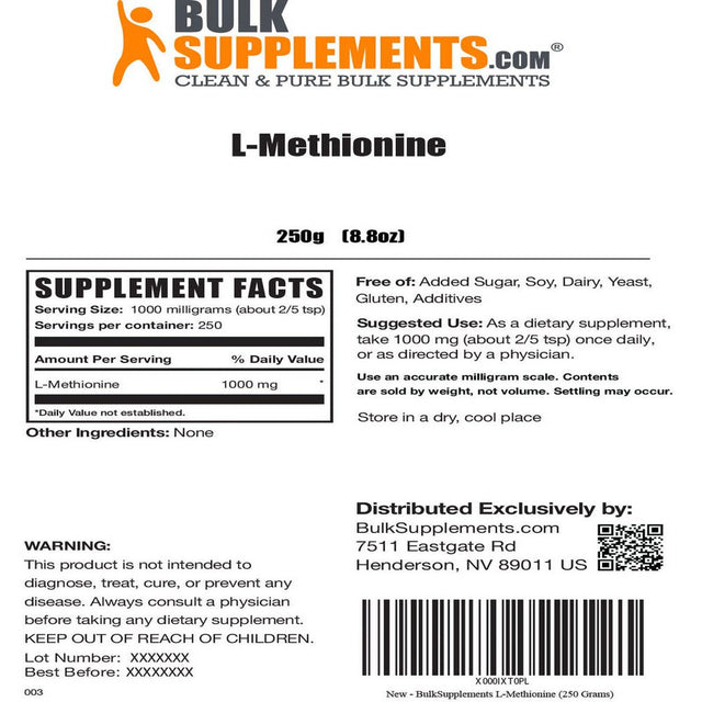 Bulksupplements.Com L-Methionine Powder, 1000Mg - Kidney & Liver Support (250G - 250 Servings)