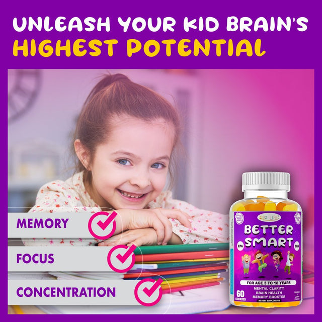 Kids Brain Booster Supplement Memory Supplement for Brain Vision & Heart Health, Attentive Child Supplement Focus Supplement for Kids. 60 Gummies