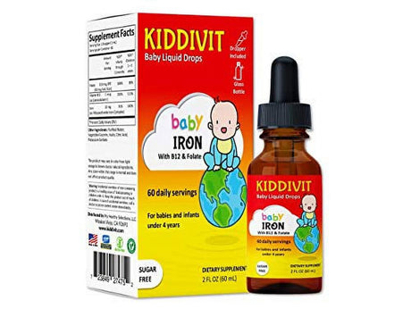 Kiddivit Baby Iron Liquid Drops with Vitamin B12 & Folate - 60 Daily Servings, 2 Fl Oz (60 Ml) - Inulin Fortified (Prebiotic, Dietary Fiber) - Sugar Free, Gluten Free, Vegetarian Friendly