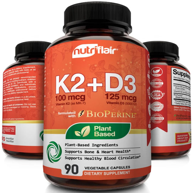 Nutriflair Vitamin K2 and D3 Supplement with Black Pepper Extract 90 Vegetarian Capsules