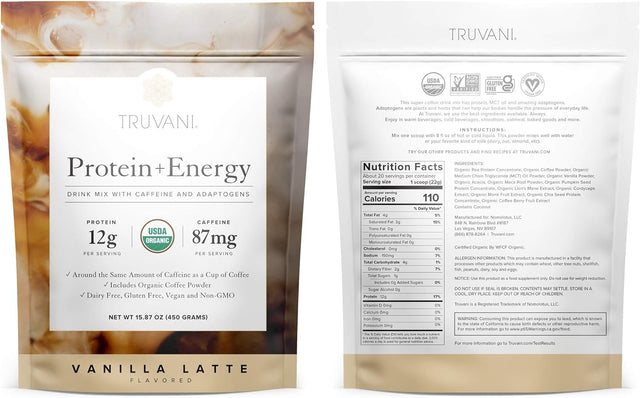 Truvani Protein + Energy Drink Mix with Caffeine & Adaptogens | USDA Certified Organic, Vegan, Non-Gmo, & Gluten Free | Vanilla Latte (20 Servings)