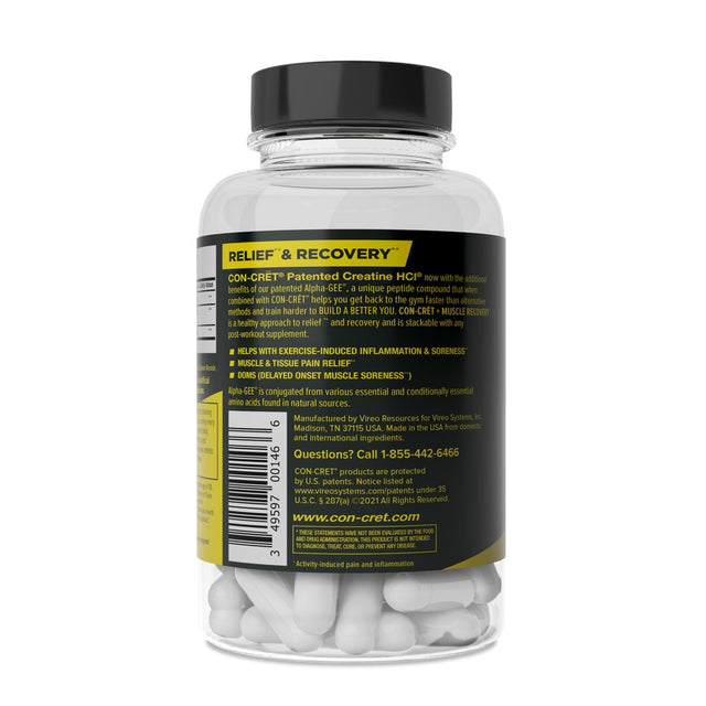 CON-CRET+ MUSCLE RECOVERY, Patented Creatine Hcl & Alpha-Gee, Supports Relief from Activity-Induced Pain and Inflammation, 90 Capsules