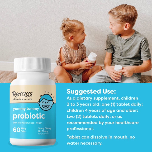 Renzo'S Kids Probiotic (60 Fast Melting Tablets) - Daily Probiotic for Children for Immune Support & Digestive Health - for Children Age 2+ - Vegan, Non-Gmo, No Sugar, Gluten Free - 60 Day Supply