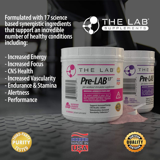 Pre-Lab17 Advanced Pre-Workout Supplement | Delicious Purple Pineapple Flavor | Supports Energy, Endurance, Focus, Drive, Vascularity | 20 Servings | Made in USA