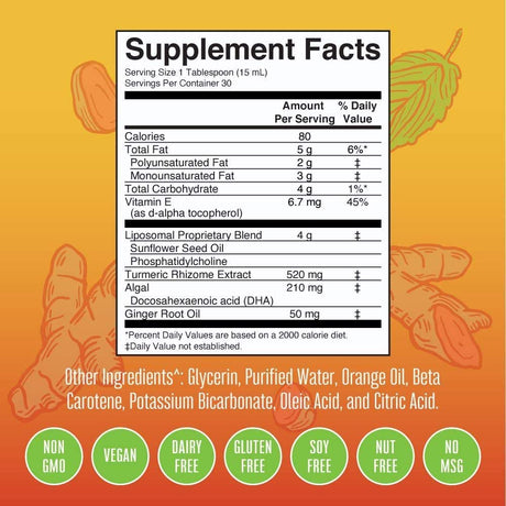 Maryruth Organics | Turmeric & DHA Liposomal | Enhanced Absorption | Mood Balance and Joint Support | Sweet Ginger | Vegan | 15.22 Fl Oz / 450Ml