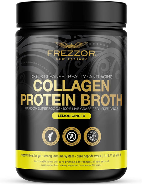 FREZZOR 100% Grass-Fed Collagen Protein Bone Broth, New Zealand Bovine Collagen Peptides Type I II III V VI VIII IX, Joint Pain, Anti-Aging, Weight-Loss, Improves Digestion, Lemon Ginger Flavor