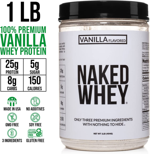 NAKED Nutrition Vanilla Whey Protein 1Lb, Only 3 Ingredients, All Natural Grass Fed Whey Protein Powder + Vanilla + Coconut Sugar- Gmo-Free, Soy Free, Gluten Free. Aid Muscle Growth, 12 Servings