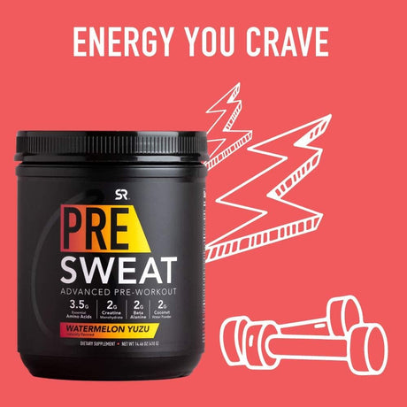 Sports Research Presweat Advanced Pre-Workout Energy Powder | 9 Essential Amino Acids, Organic Caffeine + L-Theanine, Creatine, Beta-Alanine, Acetyl- L-Carnitine, Tart Cherry (Watermelon Yuzu) 14.46Oz