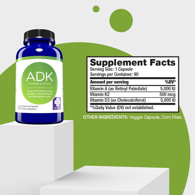 MD. Life ADK Bone Health Support, Vitamin A, Vitamin D3 & Vitamin K2 (MK 7), 90 Ct.