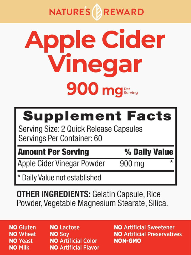 Nature'S Reward Apple Cider Vinegar Capsules - 120 Count - Non-Gmo & Gluten Free Supplement