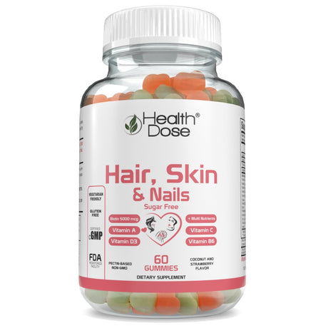 Healthdose Hair Skin Nails with Biotin 5000 Mcg, Vitamin A,D3,C & B6, Gluten & Sugar Free, Coconut & Strawberry Flavor 60 Count Gummies.