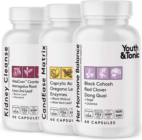 Youth & Tonic Hormone Balance & Candease Matrix & Kidney Cleanse Bundle 3 Pack for Woman | Female All Stages Hormonal & Digestive Imbalance Support