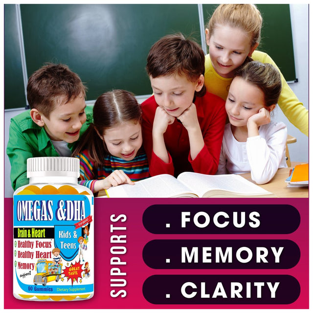 Kids Brain Focus Supplement with Omega 3 Brain Booster Supplement for Kids & Teens, Gummy Vitamins for Memory 60 Gummies