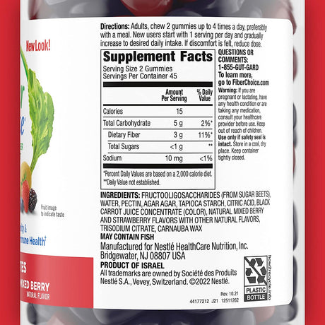 Fiber Choice 3G Fruity Bites Daily Prebiotic Fiber Supplement Gummies, Mixed Berry, 90 Count (2 per Serving)