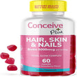 Conceive plus Hair Skin & Nails Gummies - Extra-Strength Biotin, VIT A, C, D3, E Vitamins - Vegan, Hair Growth Supplement - Gelatin-Free - 60 Count